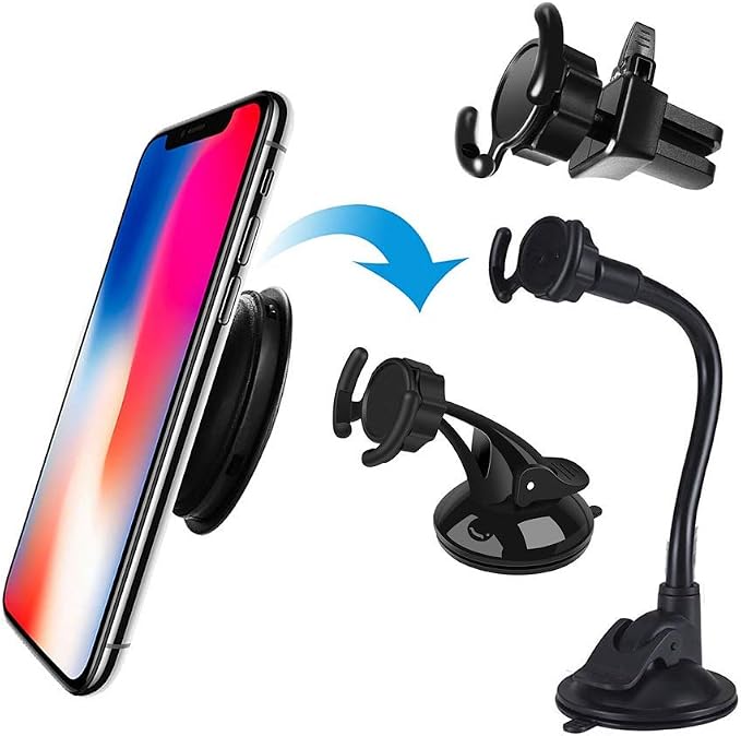 Universal Car Phone Mount[Dashboard/Windshield/Air Vent Cell Phone Holder 3in1][Strong Suction Cup][Gift 2Pcs Collapsible Grip]