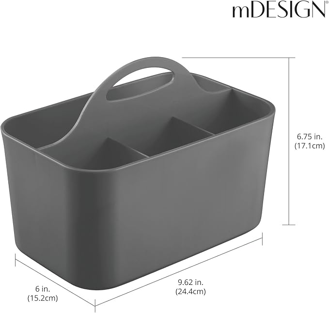 mDesign Small Plastic Shower/Bath Storage Organizer Caddy Tote with Handle for Dorm, Shelf, Cabinet - Hold Soap, Shampoo, Conditioner, Combs, Brushes, Lumiere Collection, Dark Gray
