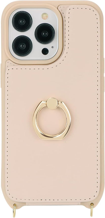 Lipvina for iPhone 13 Pro Case with Card Holder for Women,Crossbody Strap Lanyard,Credit Card Holder,Ring Stand,Snap Clasp,Wallet Case 6.1 inch (Beige)