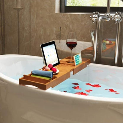 Bathtub Shelf Bamboo Bath Tub Tray with Extending Sides Built in Book Tablet Integrated Wineglass Holder Phone Tray Bathtub Tray (Brown 73cm x 23cm)