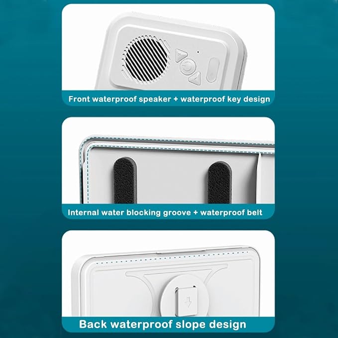 Waterproof Phone Case with Built-in Speaker,480 Rotation Wall Phone Mount Stand,Screen Touch Shower Phones Case Mount Speakers with Suction Cup,Cover Mounts Stand Wireless Bluetooth (White)