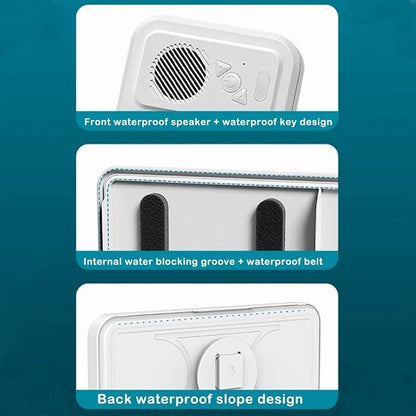 Waterproof Phone Case with Built-in Speaker,480 Rotation Wall Phone Mount Stand,Screen Touch Shower Phones Case Mount Speakers with Suction Cup,Cover Mounts Stand Wireless Bluetooth (White)