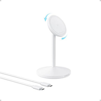 Anker MagGo iPhone 17 MagSafe Charger Compatible Stand, 15W Fast Magnetic Wireless Charging Station, Qi2 Certified 360° Wireless Charger (White, with Cable)