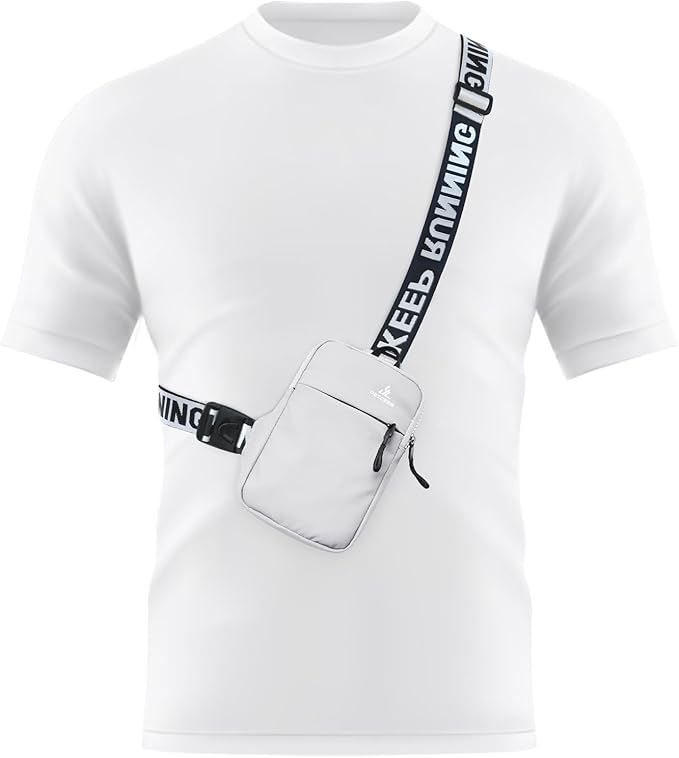 Peicees Mini Crossbody Sling Bag Chest Bag Dual Pocket Water Resistant Fanny Pack Running Phone Holder for Men Women Workout Travel, White
