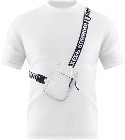 Peicees Mini Crossbody Sling Bag Chest Bag Dual Pocket Water Resistant Fanny Pack Running Phone Holder for Men Women Workout Travel, White