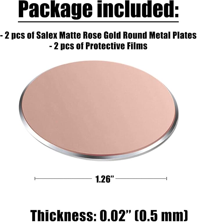 SALEX Replacement Rose Gold Metal Plates Set for Magnetic Car Phone Holders, Wall & Air Vent Mounts, Cases, Magnets. Kit of 2 Cute Pink Round Iron Discs Without Holes. 3M Adhesive Backing. 2 Pack.