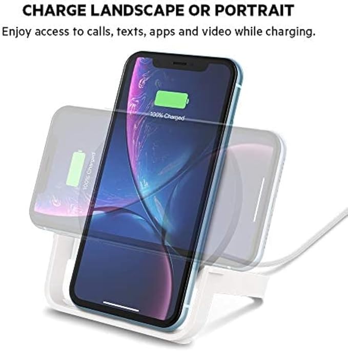 Belkin Quick Charge 10W Wireless Charger - Qi-Certified Charger Stand for iPhone, Samsung Galaxy - Charge While Listening to Music, Streaming Videos, & Video Calling - Includes AC Adapter - White