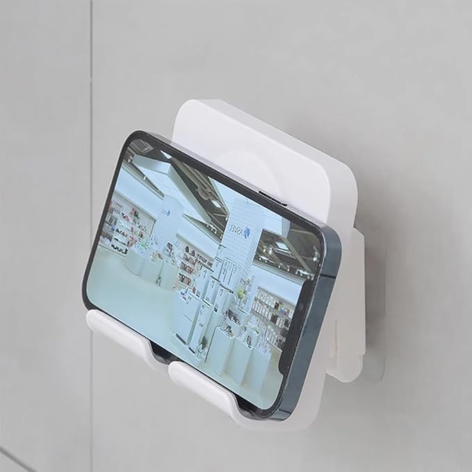 Upgraded Shower Phone Holder with 3pcs Adhesive Sticker | Adjustable Wall Mount Cell Phone Stand Compatible with iPhone or Other Smartphones | Phone Stand for Bed Kitchen Bathroom (White)