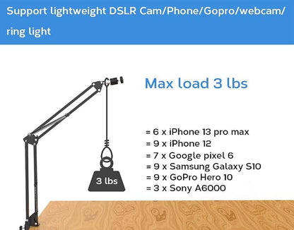 Overhead Tripod Mount for Camera Webcam Ring Light, Flexible Over Head Arm for iPhone with Phone Holder and Ball Head, Table Stand Accessory for Phone Video Recording Live Stream