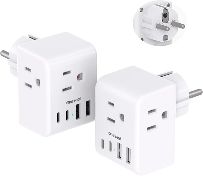 2 Pack Germany France Travel Plug Adapter, Type E/F Power Plug Adapter | 3 Outlets 4 USB Charging Ports(2 USB C), 7-in-1 Travel Essentials US to Europe France Germany South Korea Netherlands Spain