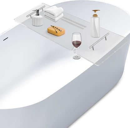 Acrylic Bathtub Tray Clear Bathtub Caddy Bath Tray Table for Tub Luxury Spa with Book and Wine Glass Holder Bathroom Accessories for Bathroom Decoration, Transparent 39.3inch