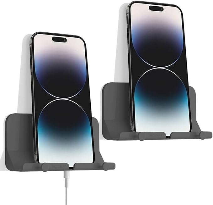 Wall Mount Phone Holder, D2 Hands-Free Adhesive Phone Holder with Cable Hole & Hooks, Wall Mounted Cell Phone Holder for Bathroom Kitchen Bedroom RV, Compatible with iPhone Smartphones (2 Pack- Grey)