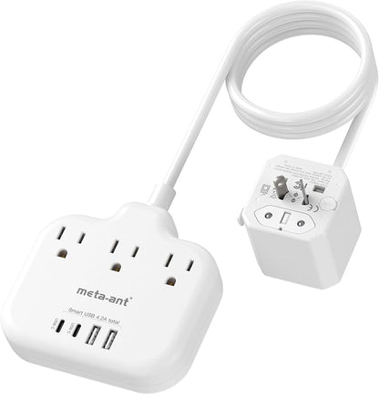 European Travel Plug Adapter - Multi Country Outlet Adapter with 3 AC Outlets & 4 USB(2USB-C)4.2A, 5ft Universal Power Cord, Worldwide Outlet Charger for Europe EU Germany France, Type A/C/G/I, Travel