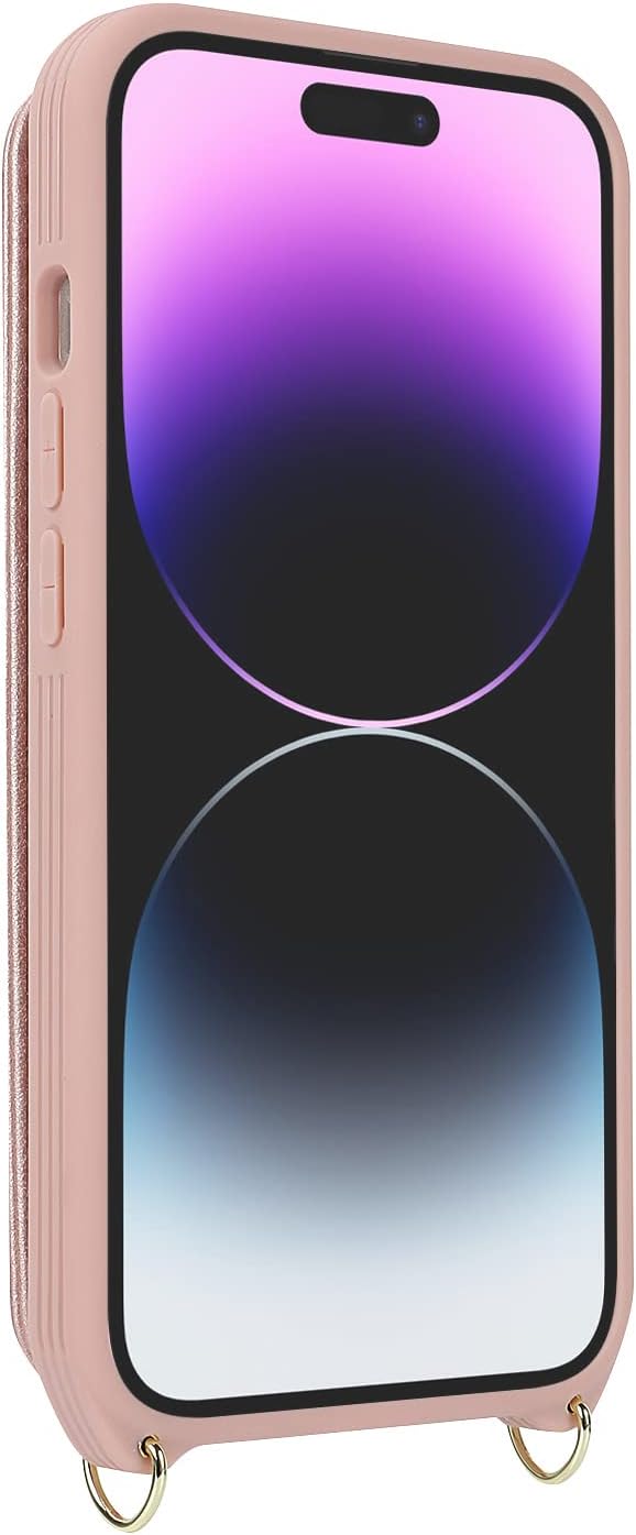 Lipvina for iPhone 14 Pro Case with Card Holder for Women,Phone Case with Strap,Crossbody Lanyard,RFID Blocking,Ring Stand,Snap Clasp,Cute Wallet Case 6.1 inch(Rose Gold)