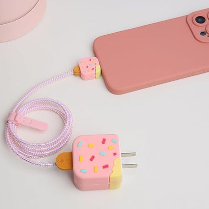 Compatible with iPhone 18W/20W USB-C Charger Protector Cover, 3D Cute Cartoon Charger Case for Apple iPhone 20W USB-C Power Adapter and Lightning Cable Protective Wire Saver (Pink Ice Cream)