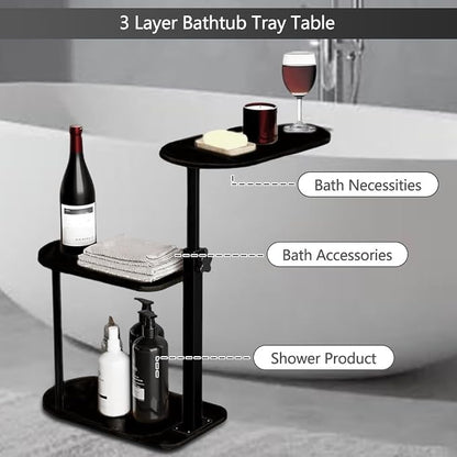 3 Layer Bathtub Tray Table,Bamboo Swivel Bathtub Side Table Height Adjustable,Freestanding Bathtub Tray for Tub Against Wall,Bathtub Accessories&Bathroom Organizer for Luxury Home Spa (Black)