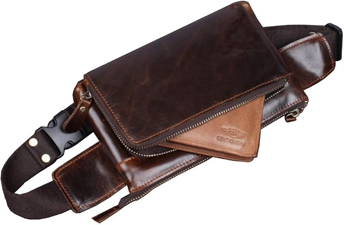 KPYWZER Vintage Leather Waist Bag Fanny Pack for Men Women Hip Bum Bag with Adjustable Strap for Outdoors Workout Traveling Casual Running Hiking Cycling Brown