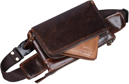 KPYWZER Vintage Leather Waist Bag Fanny Pack for Men Women Hip Bum Bag with Adjustable Strap for Outdoors Workout Traveling Casual Running Hiking Cycling Brown