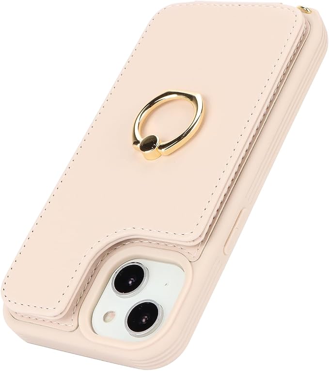 Lipvina for iPhone 14 Case with Card Holder for Women,iPhone 14 Phone Case with Strap,Crossbody Lanyard,RFID Blocking,Ring Stand,Snap Clasp,Cute Wallet Cases 6.1 inch (Beige)