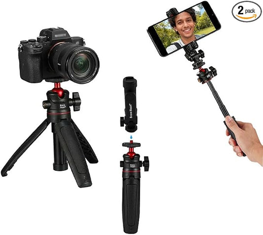 Black Mini Tripod Phone Stand with 1/4" Screw for iPhone/Insta 360 X5/ DJI/OSMO/Pocket 3 /Sony/Canon/Nikon/Cameras, Extendable Handheld Vlogging Video Filming Table Stand