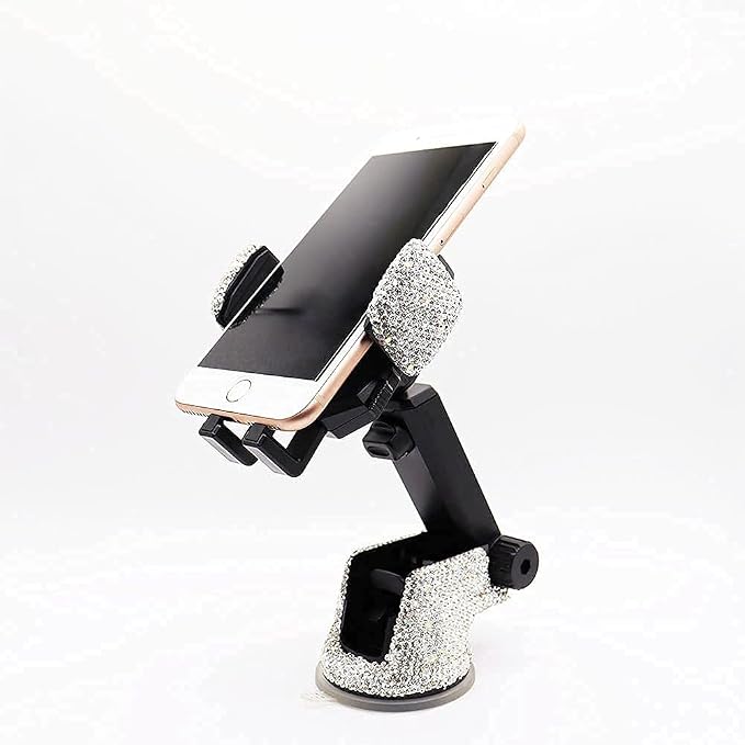 Bling Car Phone Mount Holder,Shiny Crystal Rhinestone Phone Stand for Women and Girls, Car Accessories for Windshield Dashboard,Compatible with Most Cellphones (White)