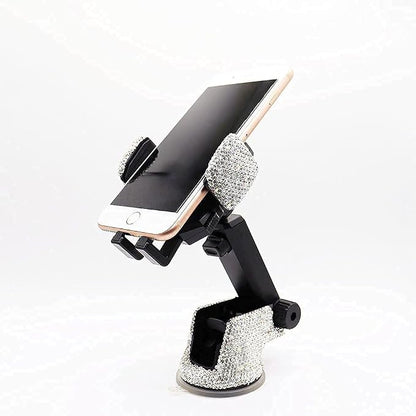 Bling Car Phone Mount Holder,Shiny Crystal Rhinestone Phone Stand for Women and Girls, Car Accessories for Windshield Dashboard,Compatible with Most Cellphones (White)