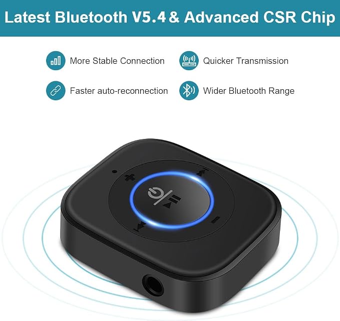 Golvery Bluetooth Receiver for Old Speaker with Latest Bluetooth V5.4, 20-Hour Battery Life, Handsfree Calls, Dual Connection to 2 Cell Phones, Built-in Microphone, for Wired Headphones, Home Stereo