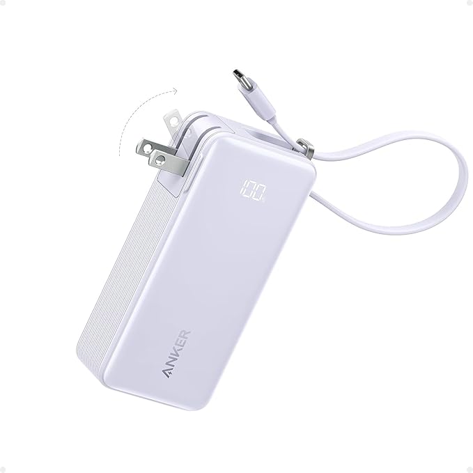 Anker Nano 3-in-1 Portable iPhone Charger, 10,000mAh Power Bank with Built-in USB-C Cable and Foldable Wall Plug, 30W Max Battery Pack, Travel Essentials for iPhone 17/16/15 Series (Violet)