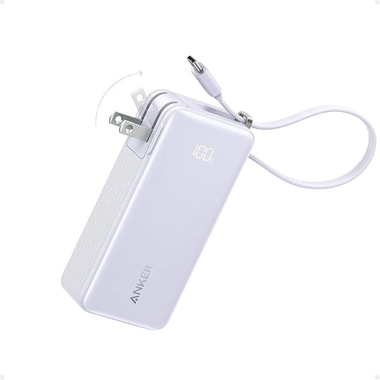 Anker Nano 3-in-1 Portable iPhone Charger, 10,000mAh Power Bank with Built-in USB-C Cable and Foldable Wall Plug, 30W Max Battery Pack, Travel Essentials for iPhone 17/16/15 Series (Violet)
