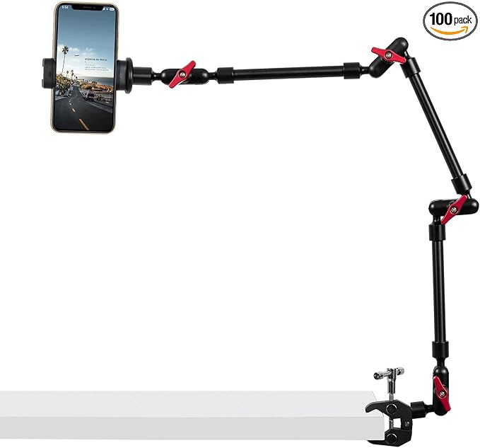 Adjustable Articulating Magic Arm with Clamp and Phone Holder Clip for Desk Mount, Desk Stand, Cell Phone Tripod