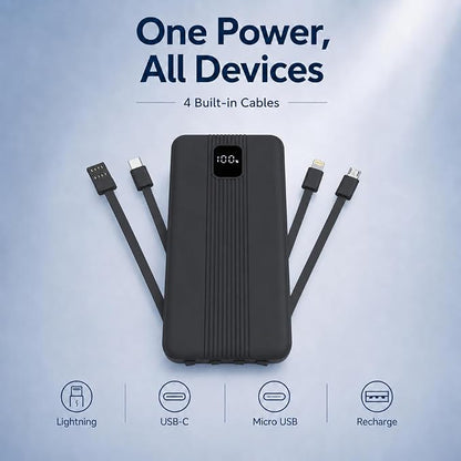 10000mAh Portable Charger with 4 Built-in Cables, 22.5W Fast Charging Power Bank, LED Display, Slim Travel Battery Pack for iPhone 17/16/15/14, Samsung Galaxy, iPad & More