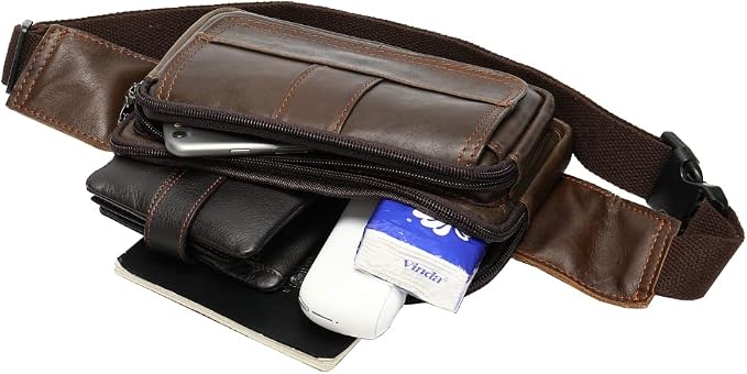 Hebetag Leather Fanny Pack Waist Bag for Men Women Travel Hiking Running Hip Bum Belt Vintage Retro Pouch Cell Phone Purse Wallet (Brown)