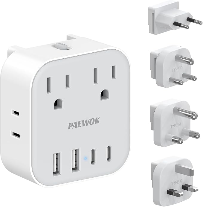 European Travel Plug Adapter Set, 8-in-1 Travel Adapter with 4 Outlets | Universal Travel Adapter, Type C/G/D/M Detachable Plugs, 4 USB Ports (2 USB C), US to UK/EU/South Africa