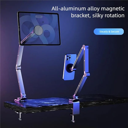 Magnetic Heavy Duty Metal Phone/Tablet Holder for Bed Adjustable Foldable Stand for Desk Aluminum Universal Lazy Bracket 360° Rotation Flexible Long Arm (Silver, Magnetic)