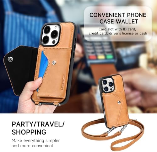 LUCKYCOIN for iPhone 16 Pro Crossbody Wallet Case – Genuine Leather Phone Purse with Adjustable Strap and Card Holder,Lanyard Phone Purse Case for Women,Vintage Tan