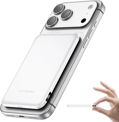 0.4" Ultra Slim Magnetic Portable Charger, 50% Smaller 5000mAh Power Bank with LED Display, Fast Charging Wireless Battery Pack, Travel Essential MagSafe Compatible Charger for iPhone 17/16/15 - White