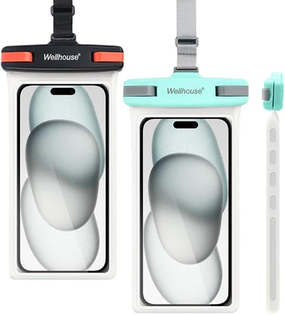 wellhouse Waterproof Phone Pouch, Waterproof Phone Case for iPhone 17 16 15 14 13 Pro Max XS Samsung, IPX8 3D Cellphone Dry Bag Beach Essentials (2 Pack - Black & Green7.0， 7 inch)