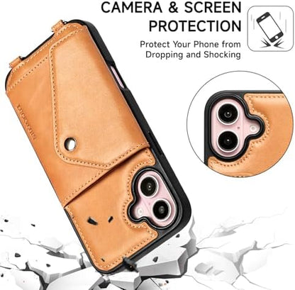 LUCKYCOIN for iPhone 16 Plus Crossbody Wallet Case – Genuine Leather Phone Purse with Adjustable Strap and Card Holder,Lanyard Phone Purse Case for Women,Vintage Tan