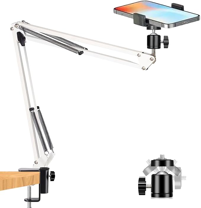 Overhead Tripod Mount for Camera Webcam Ring Light, Over Head Articulating Arm with Phone Holder and Ball Head, Desktop Suspension Scissor Accessory for Live Streaming,Video Recording （White）