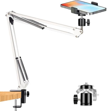 Overhead Tripod Mount for Camera Webcam Ring Light, Over Head Articulating Arm with Phone Holder and Ball Head, Desktop Suspension Scissor Accessory for Live Streaming,Video Recording （White）
