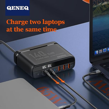 GaN 140W USB C Charger Block 6 Port Multi USB Charging Station Hub Power Digital Display 100W Laptop Charger Type c Universal Travel Adapter EU/UK/US Plug Compatible with MacBook Pro/iPhone/Laptop