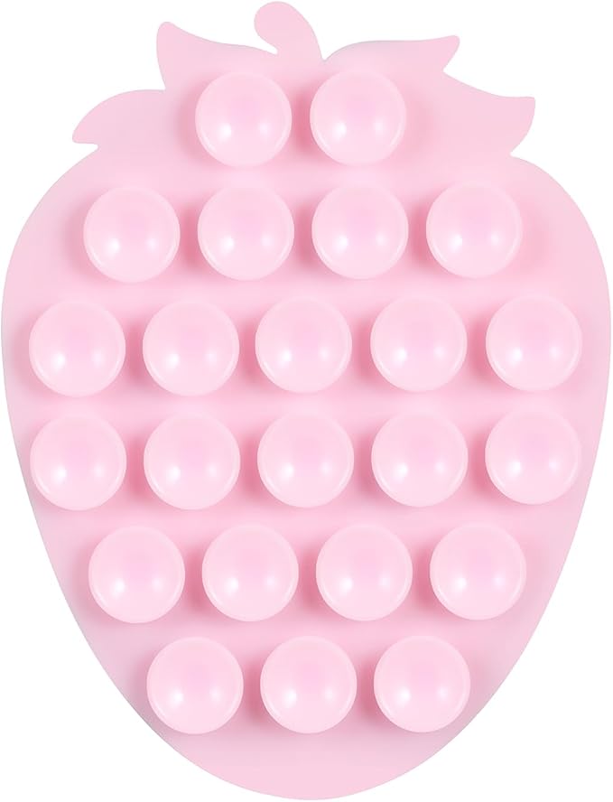 Silicone Phone Grip, 23 Suction Cups, Suitable for Selfies and Videos on Mirrors, bathrooms and Smooth Surfaces, Compatible with iPhone, Samsung, etc. (Strawberry Shape, Light Pink)