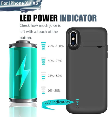 Battery Case for iPhone X & iPhone Xs, 5000mAh Rechargeable Extended Battery Charging Charger Case, Add 2X Extra Juice, Support Wired Headphones (5.8 inch) Black