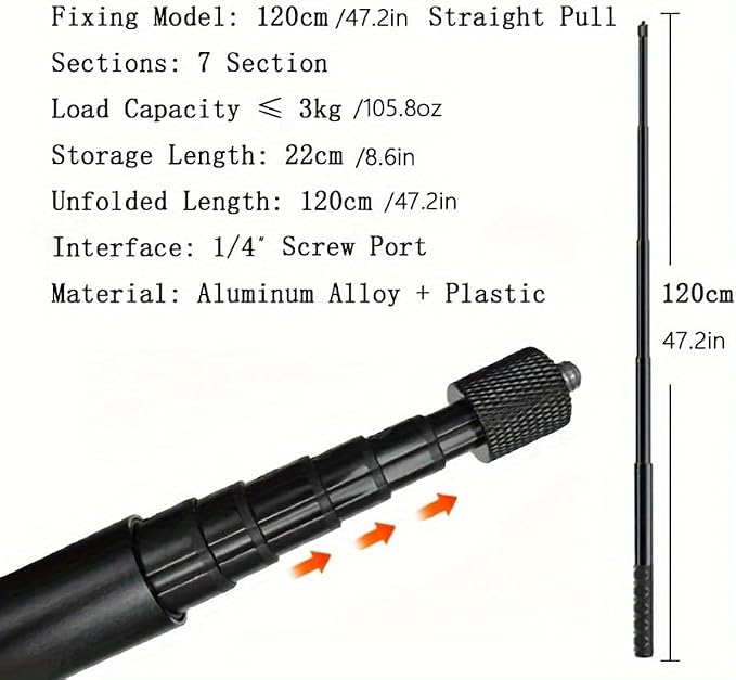 47.2" Invisible Selfie Stick for Insta360 X5/X4/GO3 DJI OSMO - Aviation Aluminum 120cm Extension Pole with Auto-Remove 360° Technology