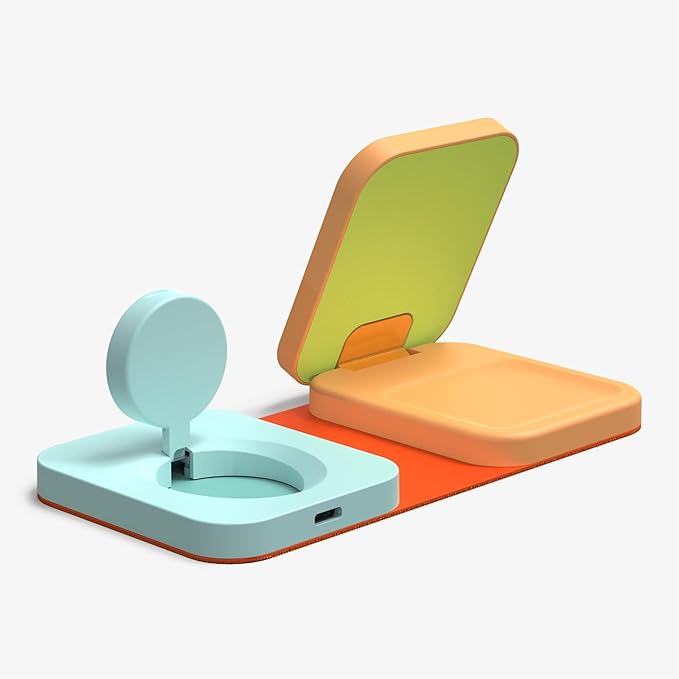 Mophie 3-in-1 Travel Charger with MagSafe for iPhone 17/16/15/14/13/12, Apple Watch, & AirPods – 15W Fast Wireless Charging Station – Premium Foldable Design with Travel Case & Adapters – Orange/Teal