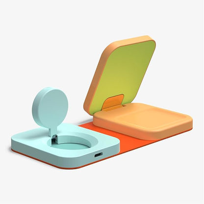 Mophie 3-in-1 Travel Charger with MagSafe for iPhone 17/16/15/14/13/12, Apple Watch, & AirPods – 15W Fast Wireless Charging Station – Premium Foldable Design with Travel Case & Adapters – Orange/Teal