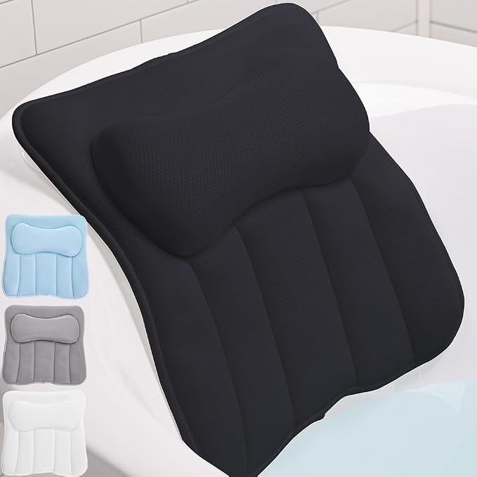 GORILLA GRIP Bath Pillow for Tub, 6 Strong Suction Cups, 4D Mesh FlexComfort Headrest for Neck, Head and Back Support, Luxury Machine Washable Pillows, Bathtub Accessories, Spa Gifts for Women, Black