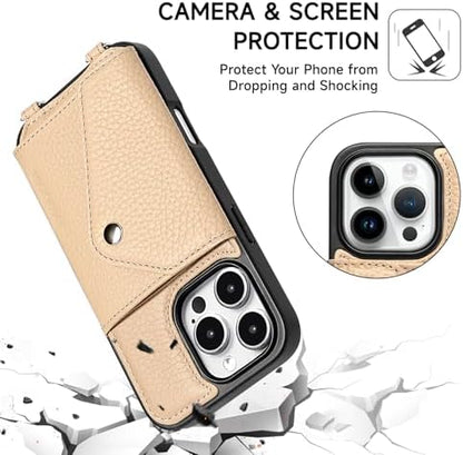 LUCKYCOIN for iPhone 16 Pro Crossbody Wallet Case – Genuine Leather Phone Purse with Adjustable Strap and Card Holder,Lanyard Phone Purse Case for Women,Pebble Grain Beige