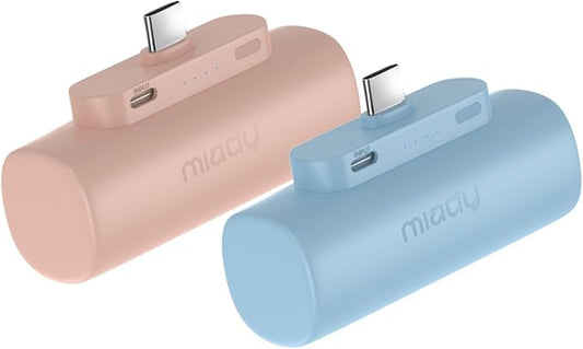 Miady 2-Pack Mini Portable Charger Built-in USB C Connector Small PowerBank | 5000mAh丨Lightweight丨for Backpack Travel丨Compatible with iPhone 17 Galaxy Android丨Ultra-Compact丨Flight-Safe丨18Wh丨Blue+Pink