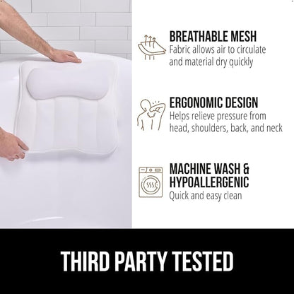 GORILLA GRIP Bath Pillow for Tub, 6 Strong Suction Cups, 4D Mesh FlexComfort Headrest for Neck, Head and Back Support, Luxury Machine Washable Pillows, Bathtub Accessories, Spa Gifts for Women, White